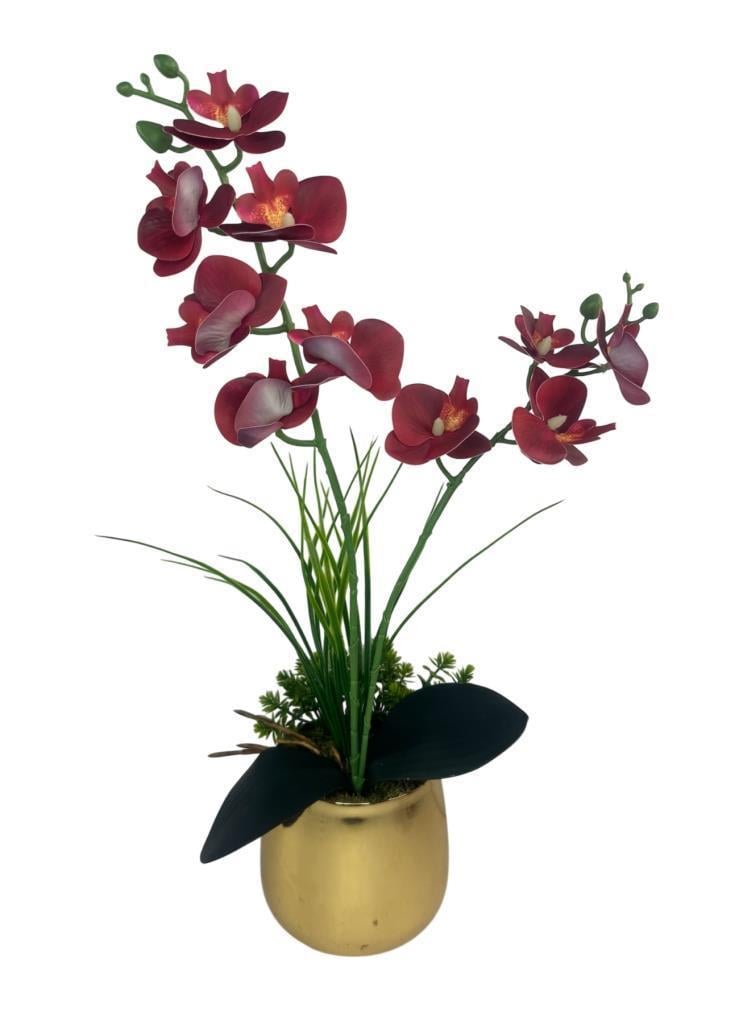Yapay Çiçek Bordo Islak Orkide Gold Metal Saksıda Saksıda Orkide 50cm