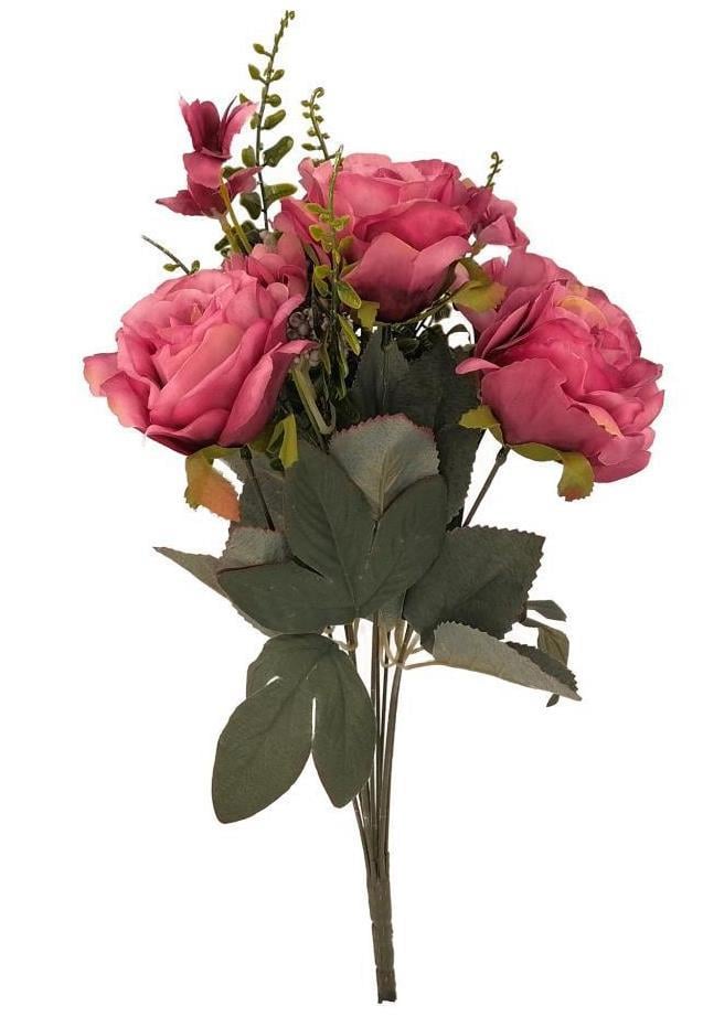 Yapay Çiçek Büyük Demet 6 Kafalı Gül Demeti Ve Cipsolu Fuşya