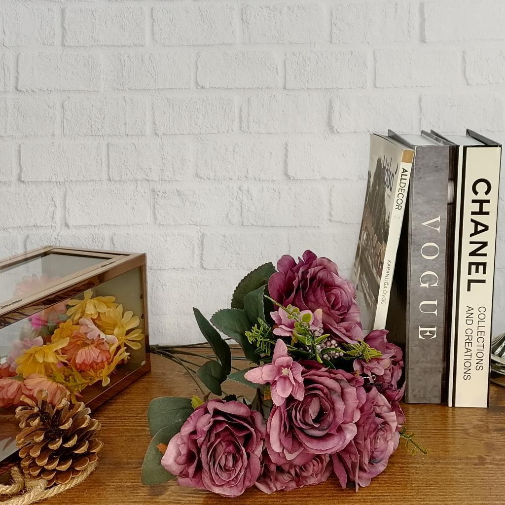 Yapay Çiçek Büyük Demet 6 Kafalı Gül Demeti Ve Cipsolu Mor