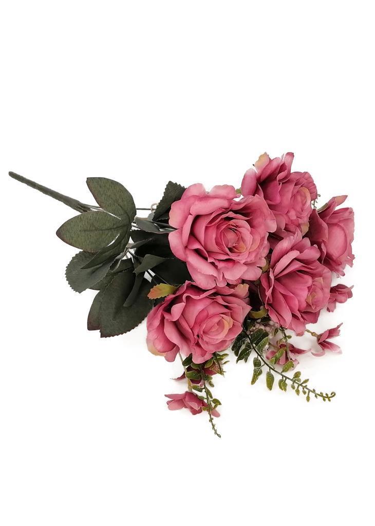 Yapay Çiçek Büyük Demet 6 Kafalı Gül Demeti Ve Cipsolu Fuşya