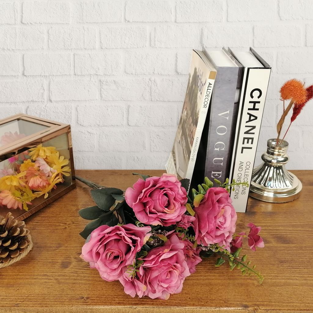 Yapay Çiçek Büyük Demet 6 Kafalı Gül Demeti Ve Cipsolu Fuşya