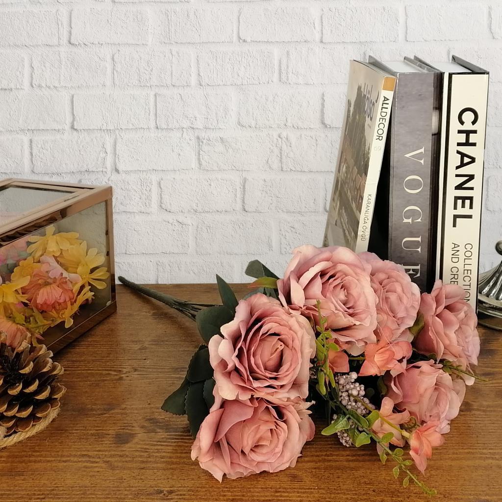 Yapay Çiçek Büyük Demet 6 Kafalı Gül Demeti Ve Cipsolu Gül Kurusu