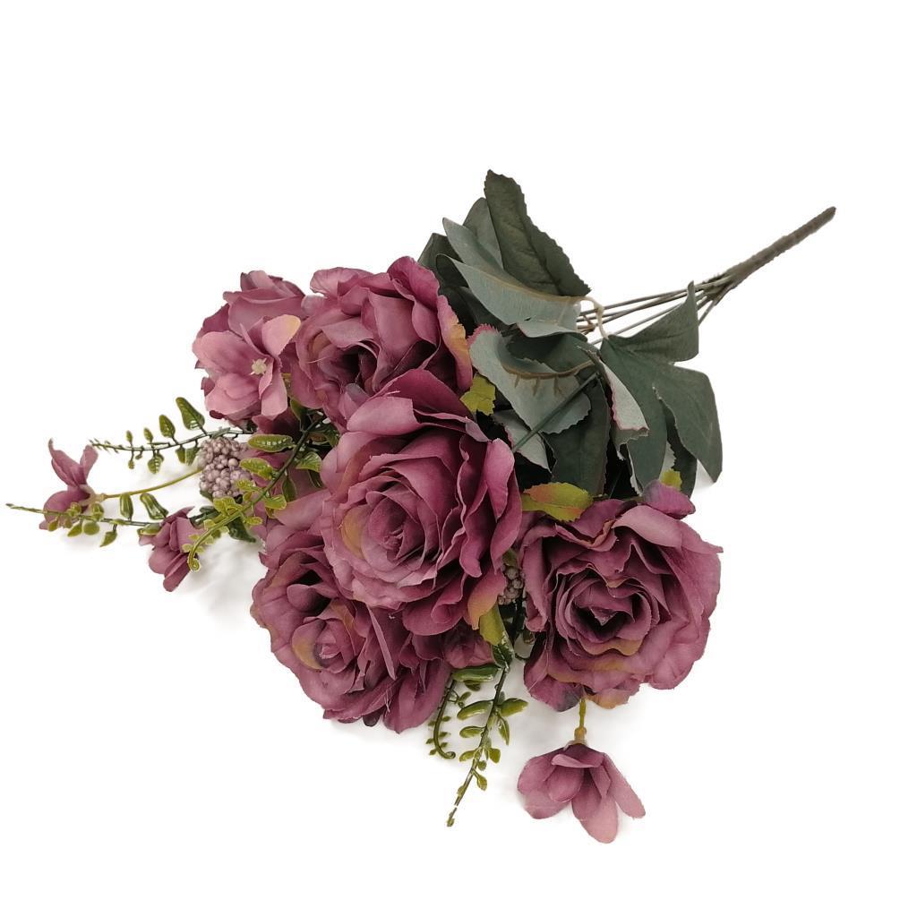 Yapay Çiçek Büyük Demet 6 Kafalı Gül Demeti Ve Cipsolu Mor
