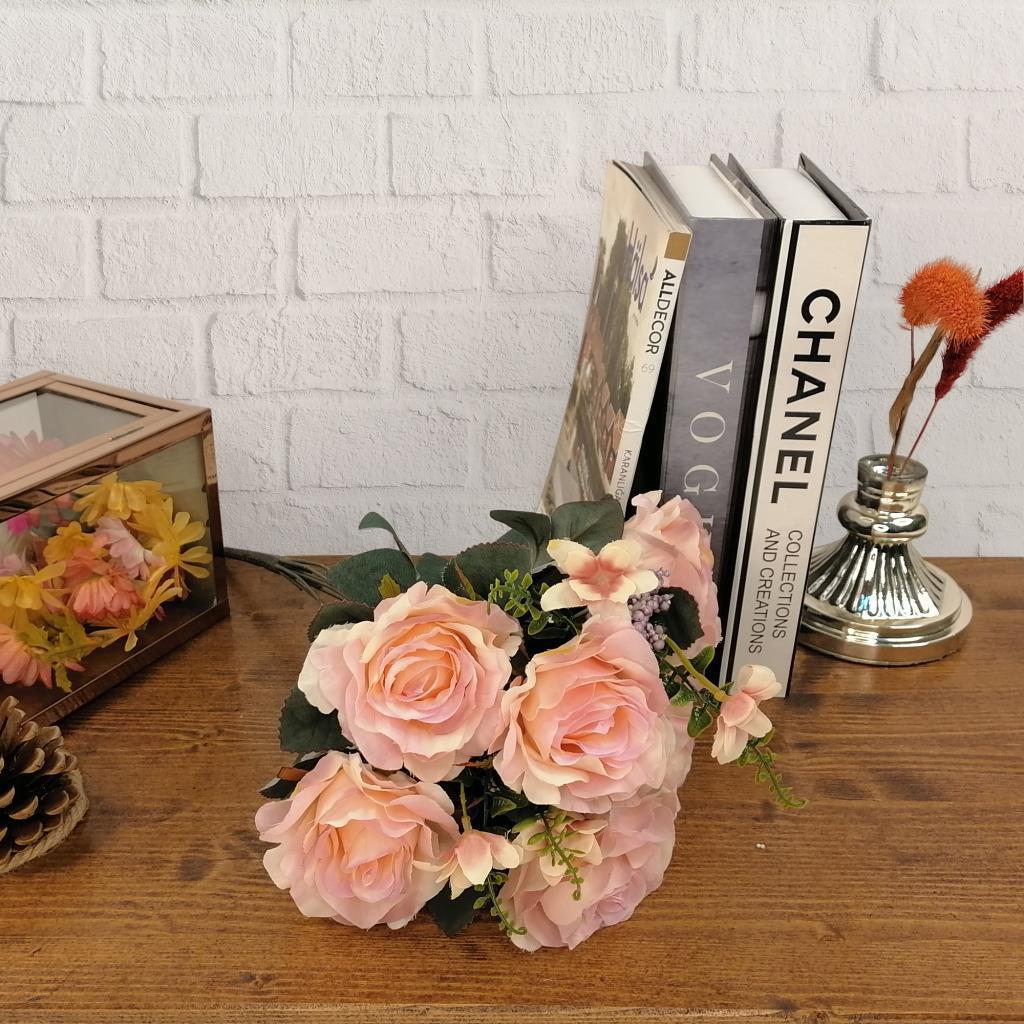 Yapay Çiçek Büyük Demet 6 Kafalı Gül Demeti Ve Cipsolu Pembe Açık