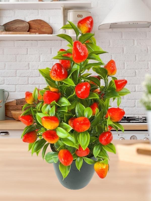 Yapay Çiçek Çilek Ağacı Siyah Saksıda Çilek 30cm 
