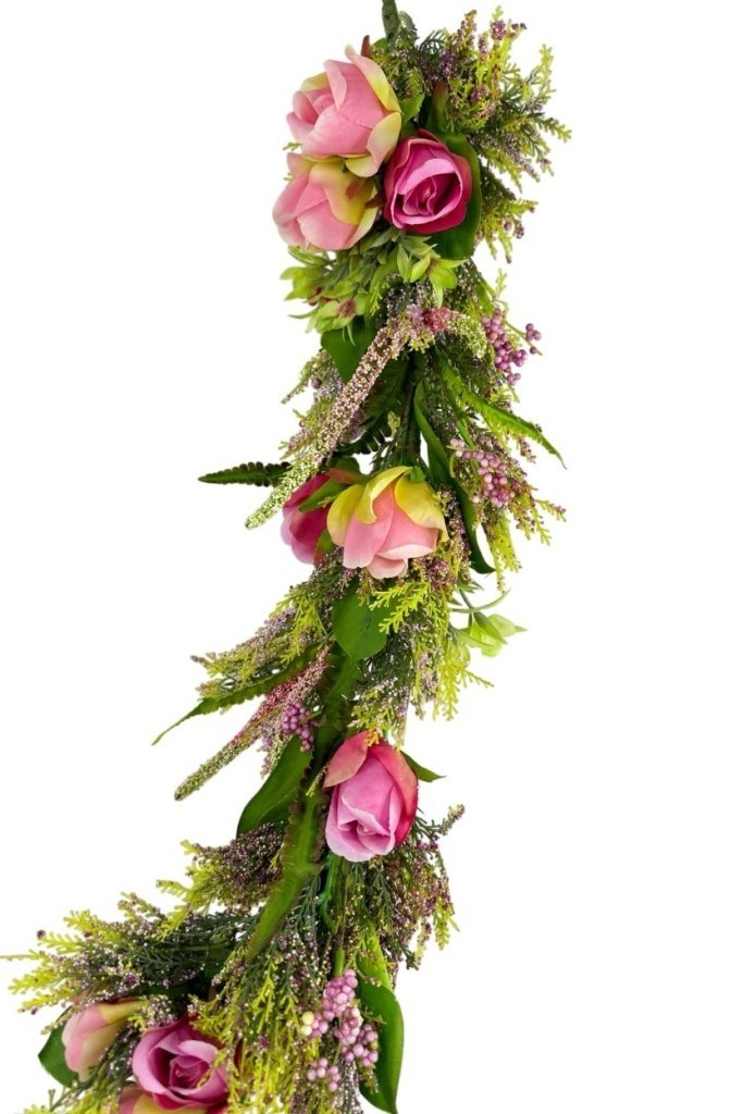 Yapay Çiçek Cipsolu Fuşya Pembe Güllü Garland Dolanan 180cm