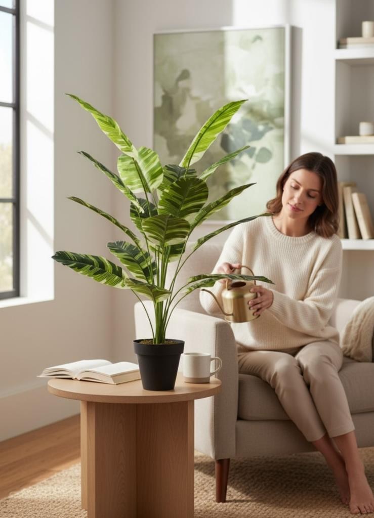 Yapay Çiçek Çizgili Muz Yapraklı Alaca Starliçe Salon Çiçeği 18Dal 80*50cm Yapay Bitki