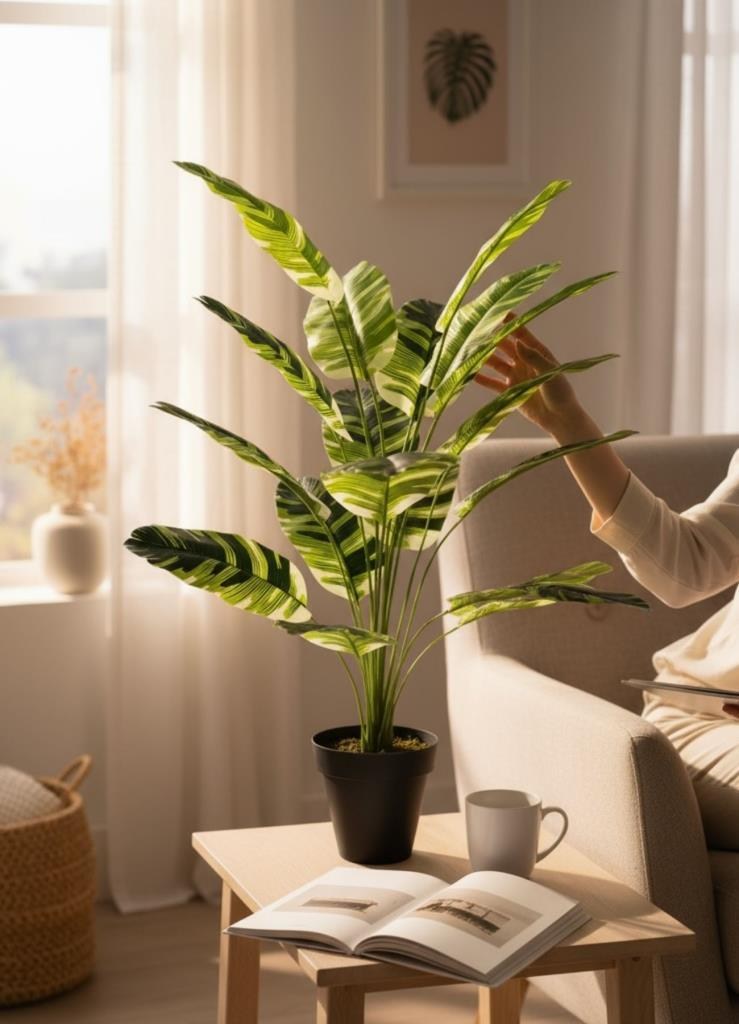Yapay Çiçek Çizgili Muz Yapraklı Alaca Starliçe Salon Çiçeği 18Dal 80*50cm Yapay Bitki