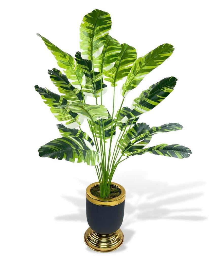 Yapay Çiçek Çizgili Muz Yapraklı Salon Çiçeği 18Dal 90*50cm Gold Siyah Vazoda Yapay Bitki