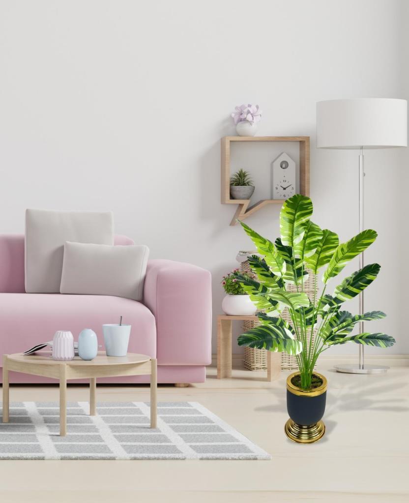 Yapay Çiçek Çizgili Muz Yapraklı Salon Çiçeği 18Dal 90*50cm Gold Siyah Vazoda Yapay Bitki