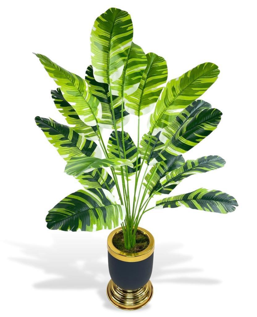 Yapay Çiçek Çizgili Muz Yapraklı Salon Çiçeği 18Dal 90*50cm Gold Siyah Vazoda Yapay Bitki