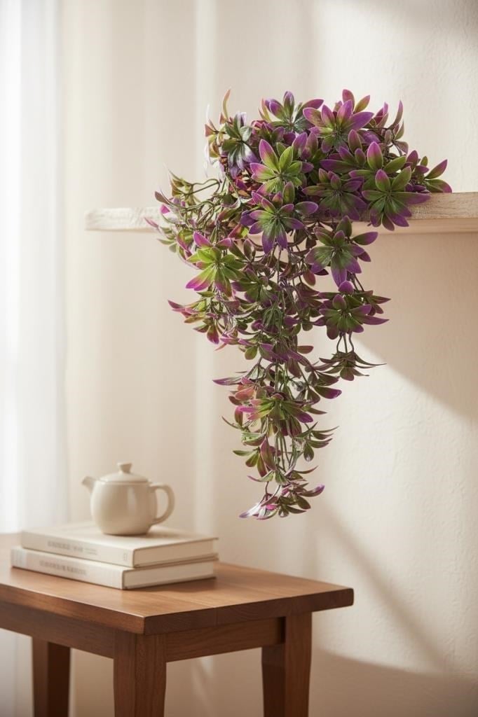 Yapay Çiçek Dev Sarkan Defne Buketi MOR Dekoratif Sarkan Çiçek Güneşe Dayanıklı Uv Katkılı 60*35cm 