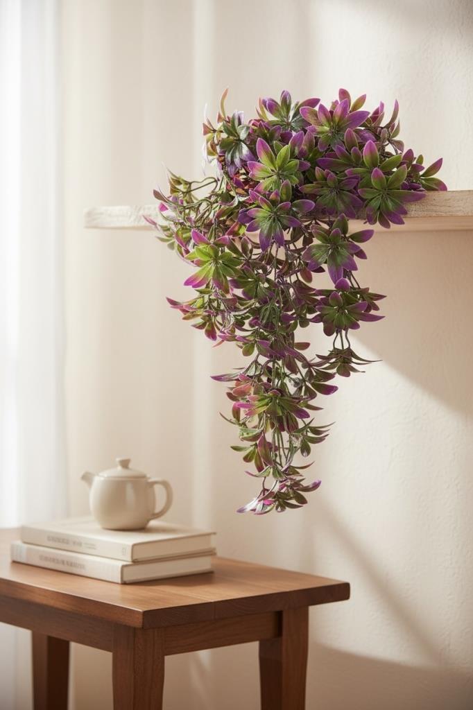 Yapay Çiçek Dev Sarkan Defne Buketi MOR Dekoratif Sarkan Çiçek Güneşe Dayanıklı Uv Katkılı 60*35cm 