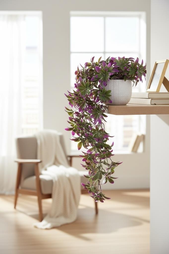 Yapay Çiçek Dev Sarkan Defne Buketi MOR Dekoratif Sarkan Çiçek Güneşe Dayanıklı Uv Katkılı 60*35cm 