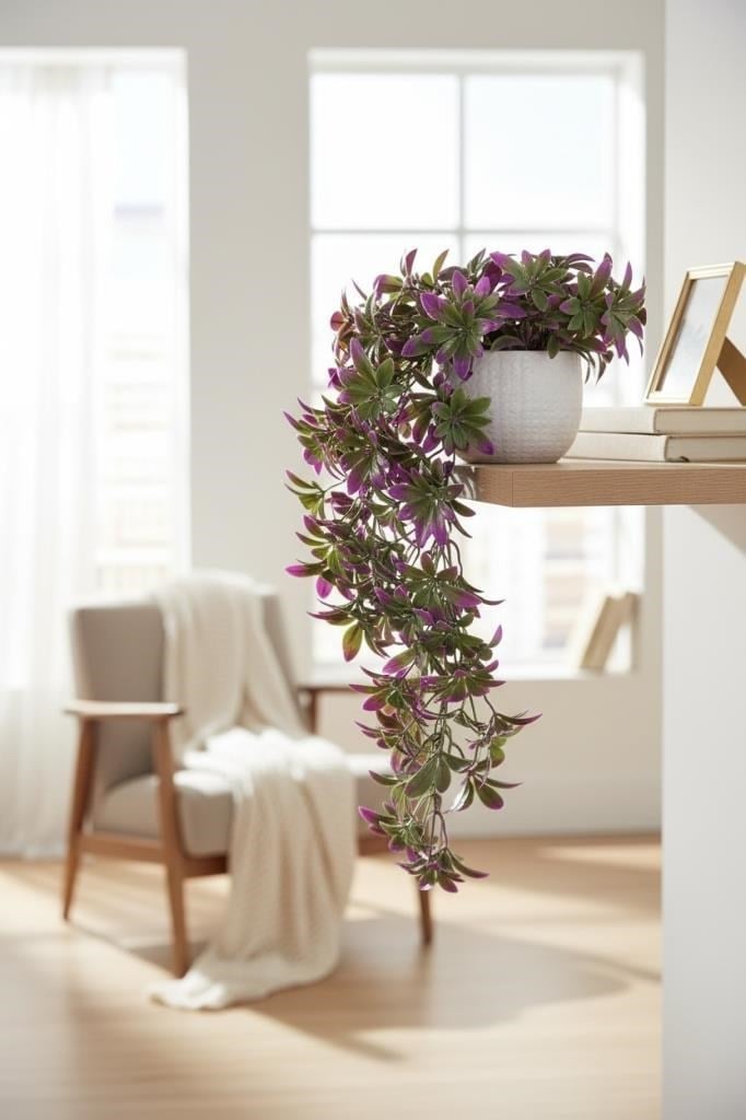 Yapay Çiçek Dev Sarkan Defne Buketi MOR Dekoratif Sarkan Çiçek Güneşe Dayanıklı Uv Katkılı 60*35cm 