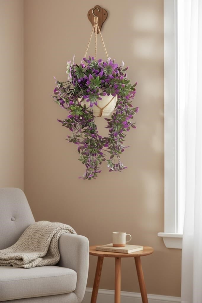 Yapay Çiçek Dev Sarkan Defne Buketi MOR Dekoratif Sarkan Çiçek Güneşe Dayanıklı Uv Katkılı 60*35cm 