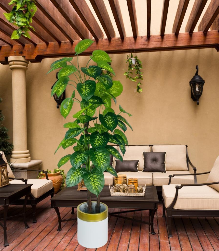 Yapay Çiçek Difenbahya Sarı Yeşil 3Katlı 160cm 54Yaprak Gold Kemerli Beyaz Saksıda Yapay Bitki