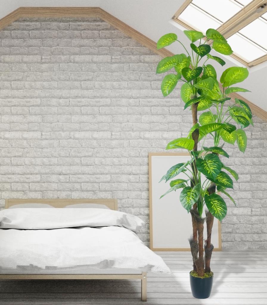 Yapay Çiçek Difenbahya Sarı Yeşil 3Katlı 190cm 54Yaprak Siyah Plastik Saksıda Yapay Bitki