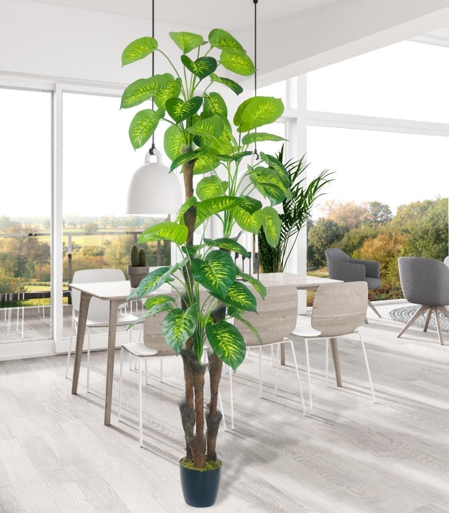 Yapay Çiçek Difenbahya Sarı Yeşil 3Katlı 190cm 54Yaprak Siyah Plastik Saksıda Yapay Bitki