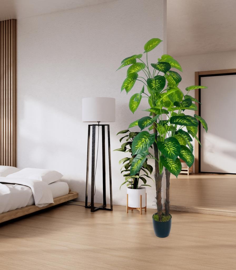 Yapay Çiçek Difenbahya Sarı Yeşil 3Katlı 160cm 54Yaprak Siyah Plastik Saksıda Yapay Bitki