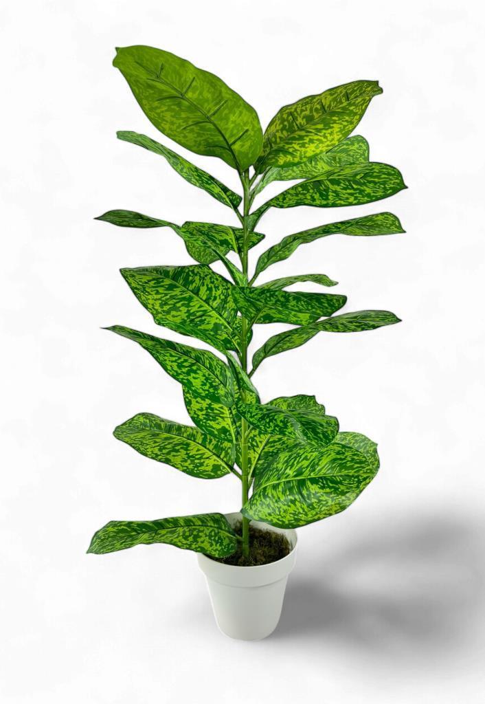 Yapay Çiçek Difenbahya Tropik Sarı Benekli 80cm 23 Yapraklı Salon Çiçeği Beyaz Saksılı Yapay Bitki