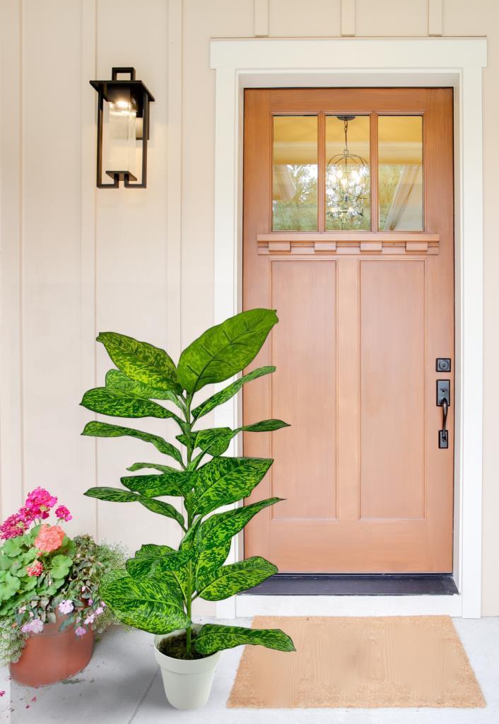 Yapay Çiçek Difenbahya Tropik Sarı Benekli 80cm 23 Yapraklı Salon Çiçeği Beyaz Saksılı Yapay Bitki