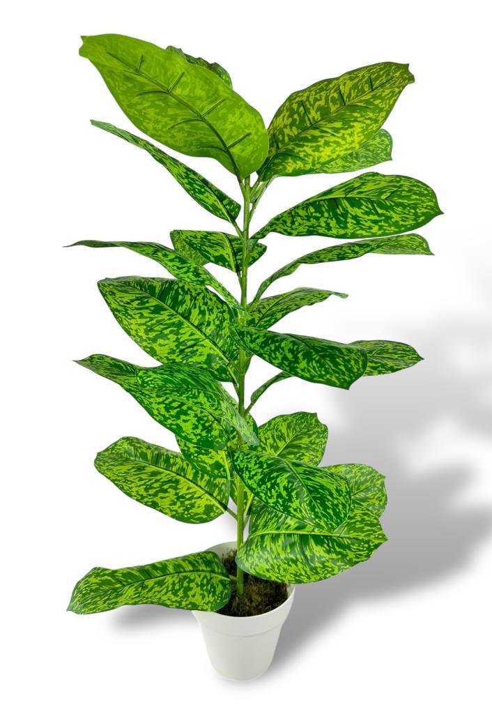 Yapay Çiçek Difenbahya Tropik Sarı Benekli 80cm 23 Yapraklı Salon Çiçeği Beyaz Saksılı Yapay Bitki