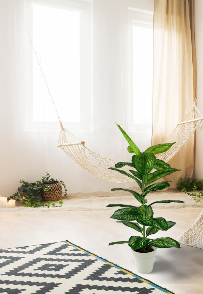 Yapay Çiçek Difenbahya Tropik Sarı Şeritli 80cm 23 Yapraklı Salon Çiçeği Beyaz Saksılı Yapay Bitki