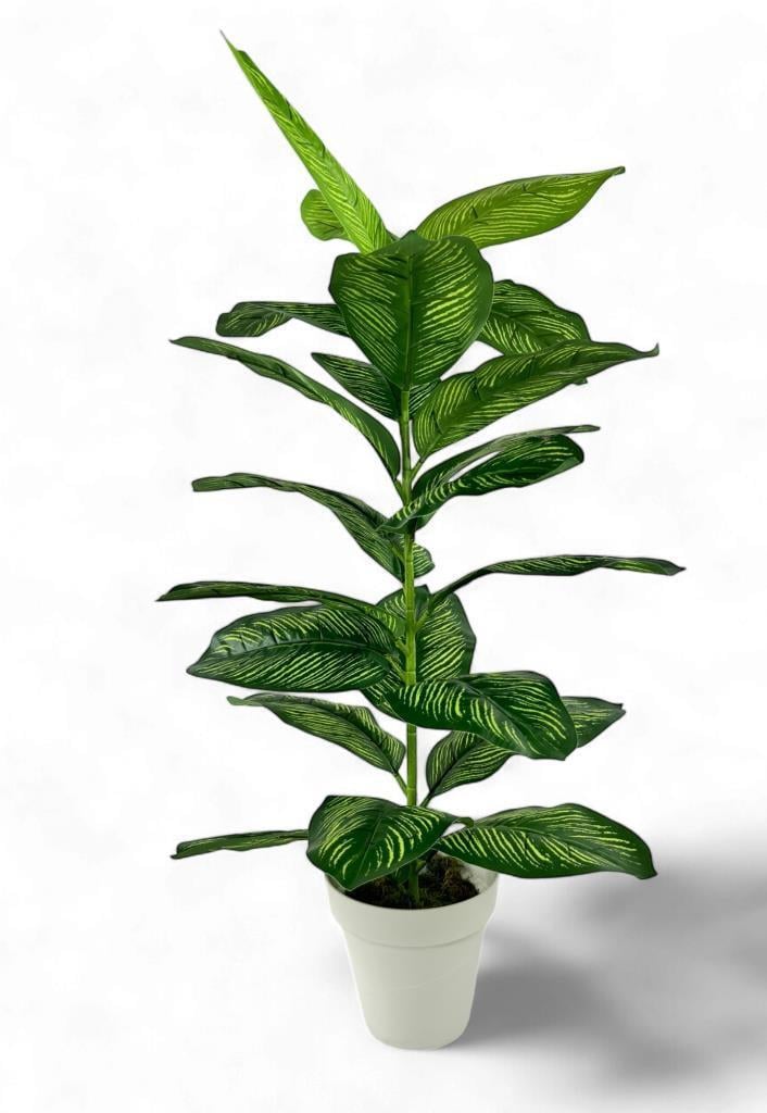Yapay Çiçek Difenbahya Tropik Sarı Şeritli 80cm 23 Yapraklı Salon Çiçeği Beyaz Saksılı Yapay Bitki