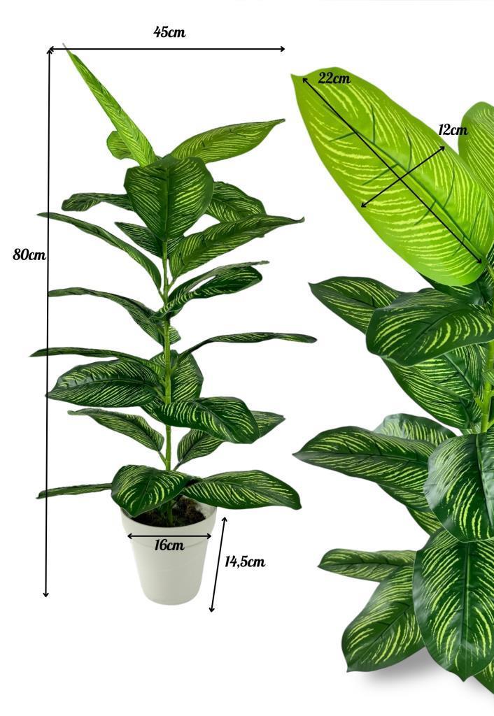 Yapay Çiçek Difenbahya Tropik Sarı Şeritli 80cm 23 Yapraklı Salon Çiçeği Beyaz Saksılı Yapay Bitki