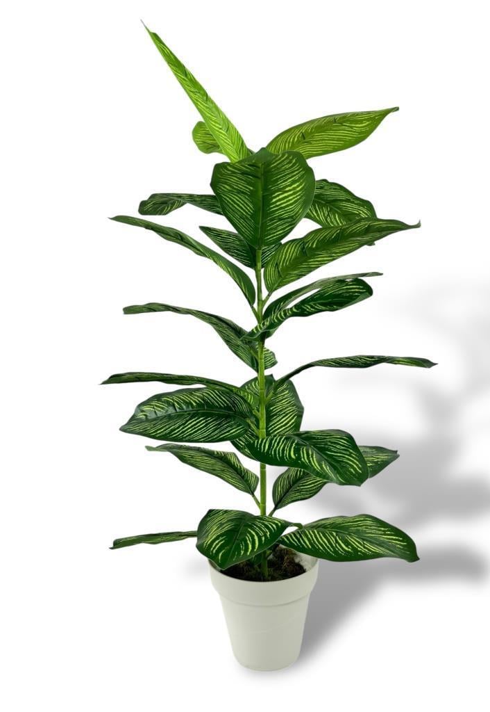 Yapay Çiçek Difenbahya Tropik Sarı Şeritli 80cm 23 Yapraklı Salon Çiçeği Beyaz Saksılı Yapay Bitki