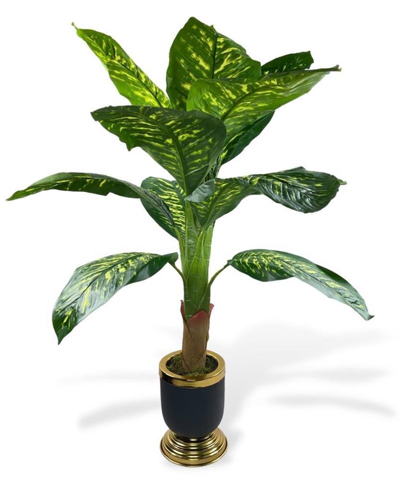 Yapay Çiçek Diffenbahya 115cm Tropik Salon Bitkisi Siyah Gold Galvaniz Vazoda