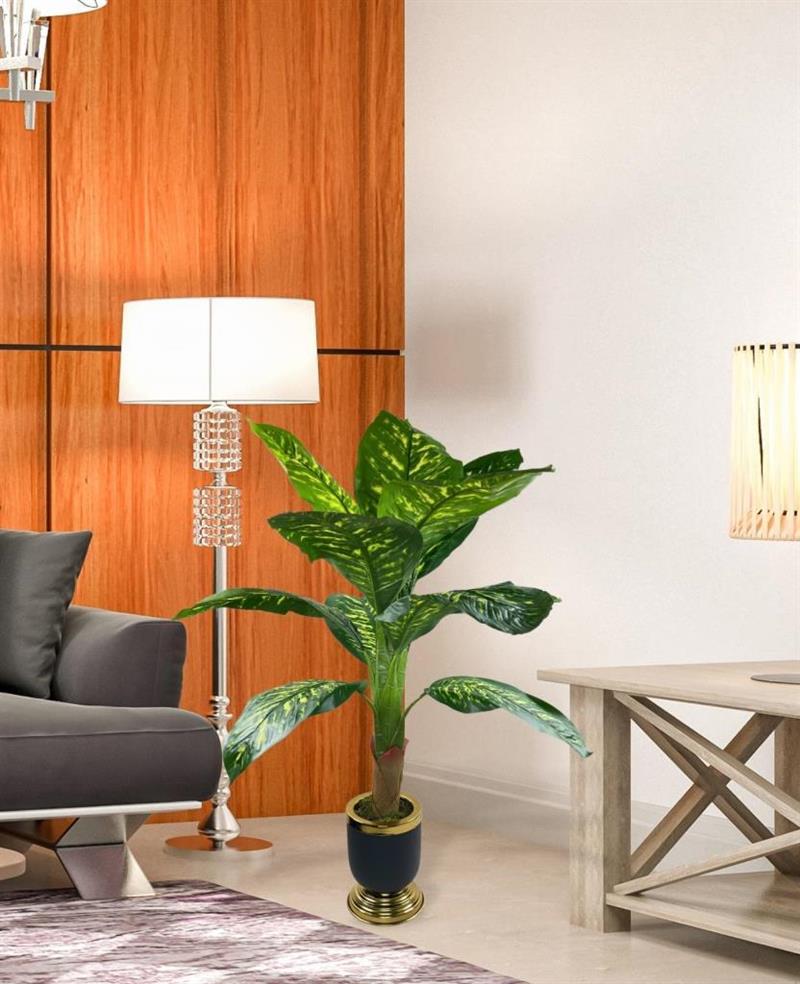 Yapay Çiçek Diffenbahya 115cm Tropik Salon Bitkisi Siyah Gold Galvaniz Vazoda