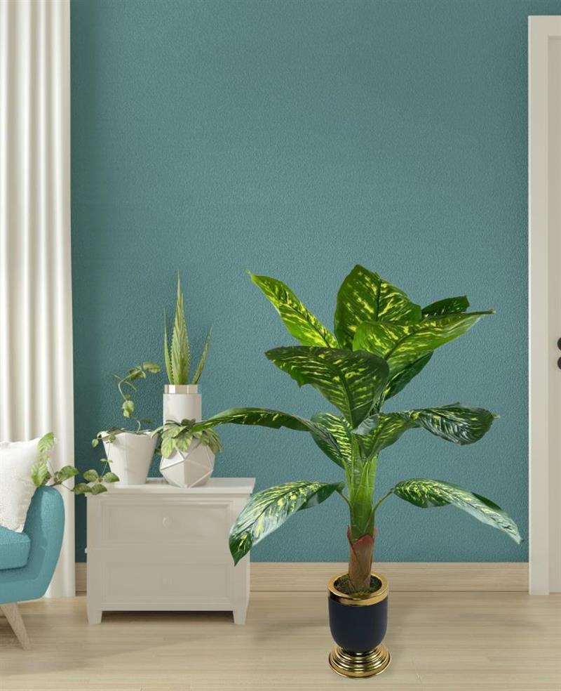 Yapay Çiçek Diffenbahya 115cm Tropik Salon Bitkisi Siyah Gold Galvaniz Vazoda