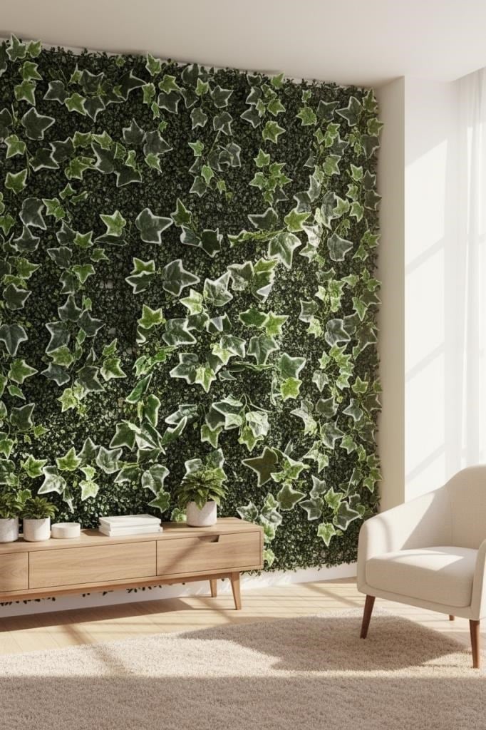 Yapay Çiçek Duvar Kaplama Panel YeşilBeyaz Sarmaşık Hedera Tabaka 40x60cm Dik Duvar Uygulama