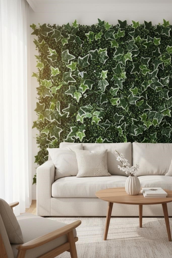 Yapay Çiçek Duvar Kaplama Panel YeşilBeyaz Sarmaşık Hedera Tabaka 40x60cm Dik Duvar Uygulama
