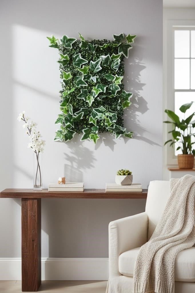 Yapay Çiçek Duvar Kaplama Panel YeşilBeyaz Sarmaşık Hedera Tabaka 40x60cm Dik Duvar Uygulama