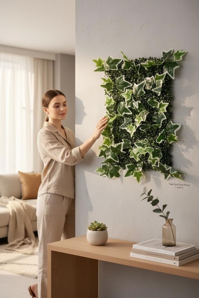 Yapay Çiçek Duvar Kaplama Panel YeşilBeyaz Sarmaşık Hedera Tabaka 40x60cm Dik Duvar Uygulama