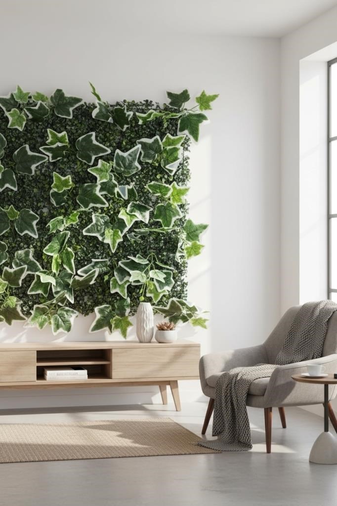 Yapay Çiçek Duvar Kaplama Panel YeşilBeyaz Sarmaşık Hedera Tabaka 40x60cm Dik Duvar Uygulama