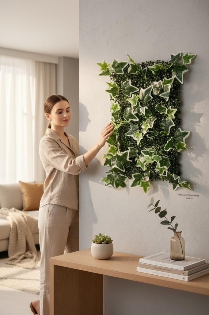 Yapay Çiçek Duvar Kaplama Panel YeşilBeyaz Sarmaşık Hedera Tabaka 40x60cm Dik Duvar Uygulama