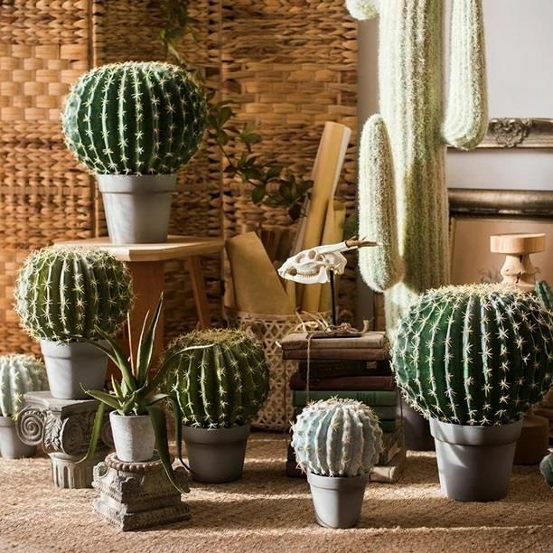 Yapay Çiçek Echinocactus Grusonii Altın Fıçı Kaktüs Siyah Saksıda 50*35cm Cactüs  sk4011s