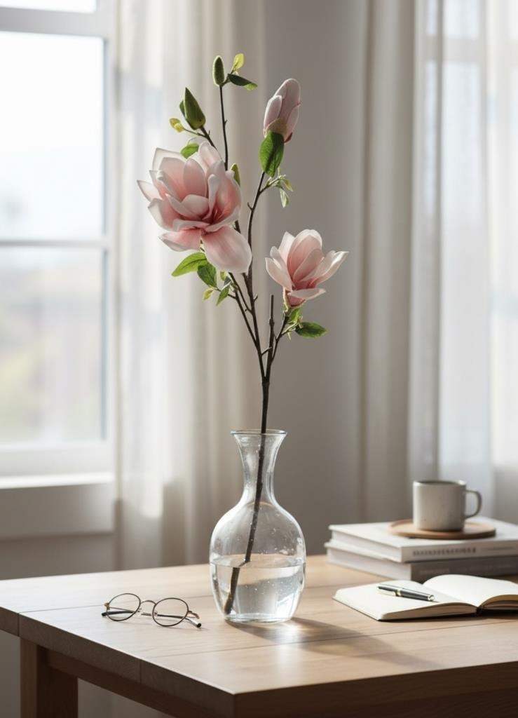 Yapay Çiçek Eva Açık Pembe Manolya 3 Çiçekli Uzun Dal 90cm Gerçeksi Doku 