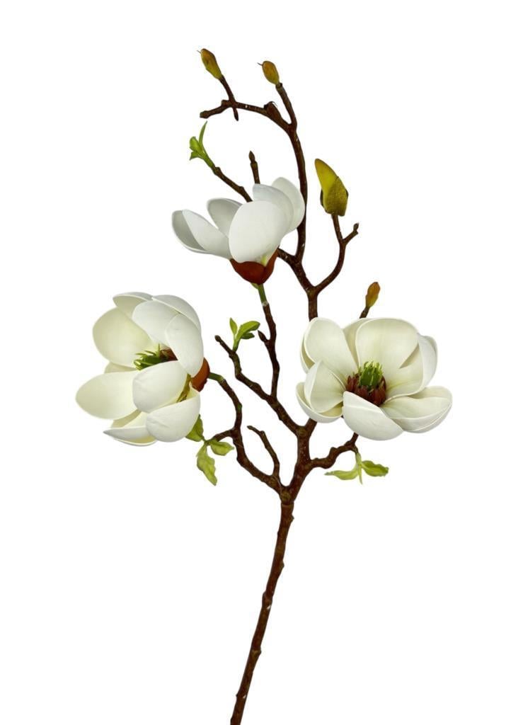Yapay Çiçek Eva Beyaz Manolya 3 Çiçekli Uzun Dal 70cm Gerçeksi Doku 