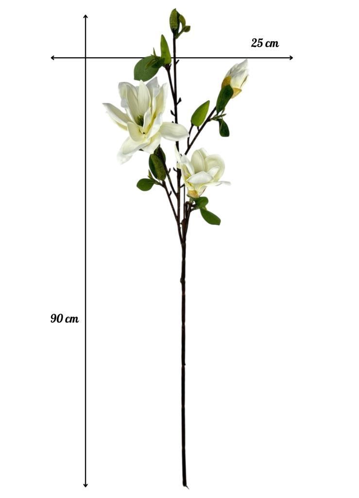 Yapay Çiçek Eva Beyaz Manolya 3 Çiçekli Uzun Dal 90cm Gerçeksi Doku 
