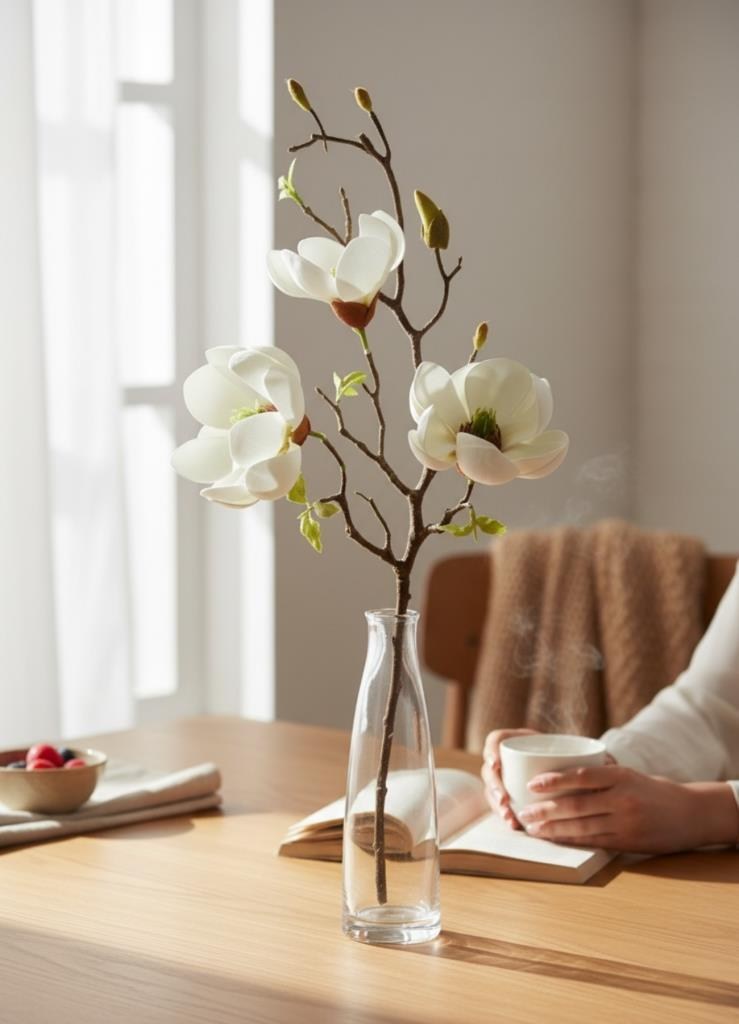 Yapay Çiçek Eva Beyaz Manolya 3 Çiçekli Uzun Dal 70cm Gerçeksi Doku 