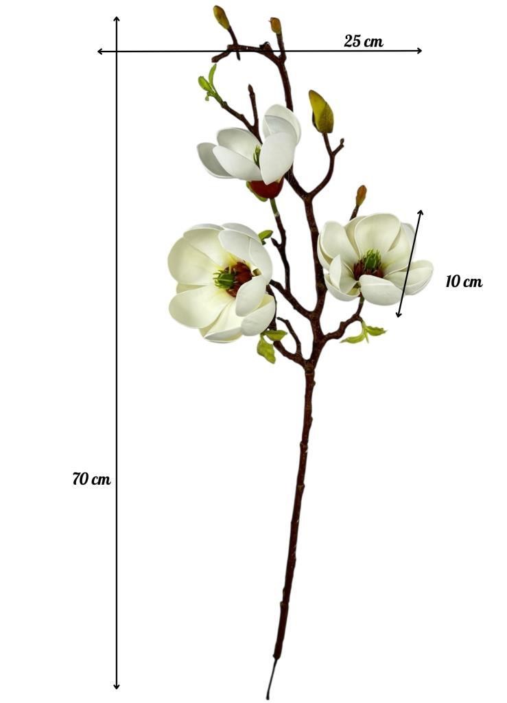 Yapay Çiçek Eva Beyaz Manolya 3 Çiçekli Uzun Dal 70cm Gerçeksi Doku 