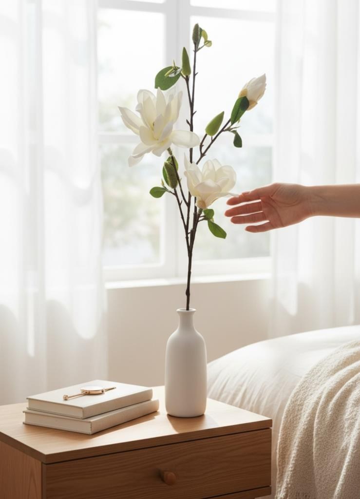 Yapay Çiçek Eva Beyaz Manolya 3 Çiçekli Uzun Dal 90cm Gerçeksi Doku 