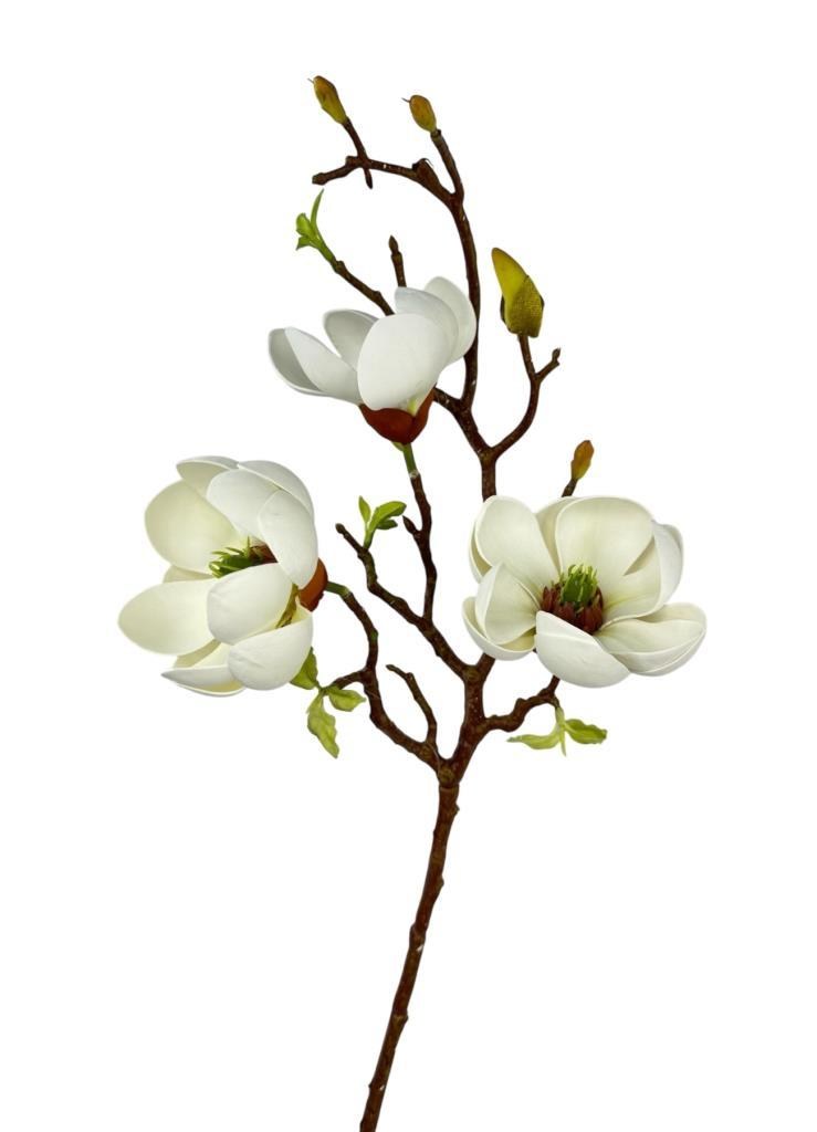 Yapay Çiçek Eva Beyaz Manolya 3 Çiçekli Uzun Dal 70cm Gerçeksi Doku 