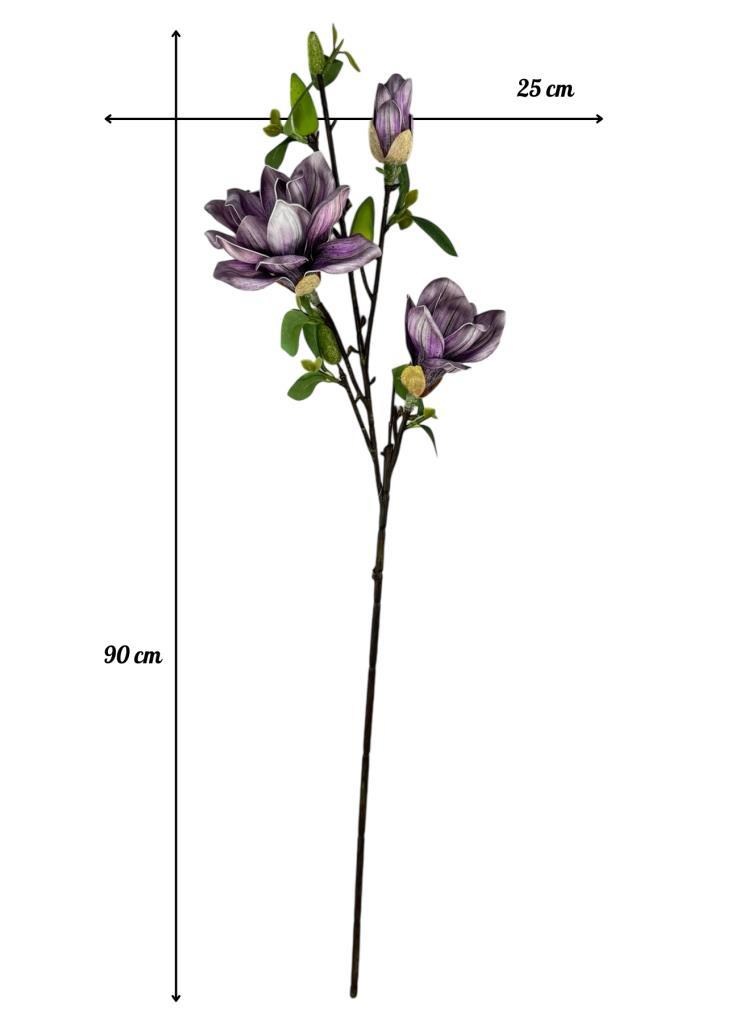 Yapay Çiçek Eva Koyu Mor Manolya 3 Çiçekli Uzun Dal 90cm Gerçeksi Doku 