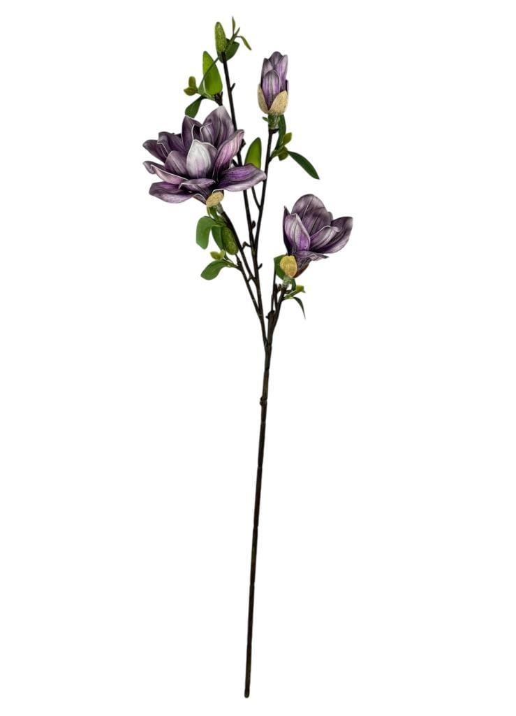 Yapay Çiçek Eva Koyu Mor Manolya 3 Çiçekli Uzun Dal 90cm Gerçeksi Doku 
